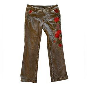 Cridani Embroidered Red & Pink Gray Floral Jean Pants. Size XL. Great Condition!